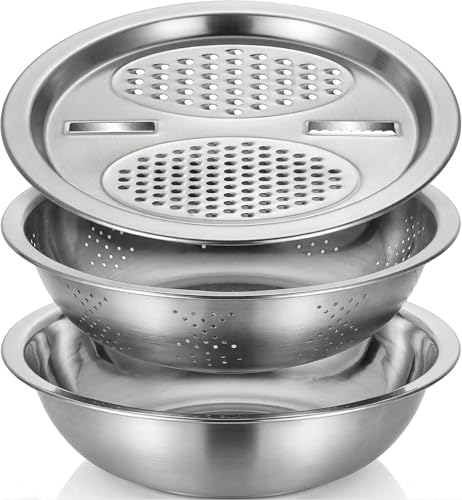 3 Pcs Multifunctional Stainless Steel Grater Bowl Set, 30 cm/11.8 in Large Mixing Basin, Colander for Kitchen Food Prep, Versatile Grater Lid, Induction Cooktop Compatible