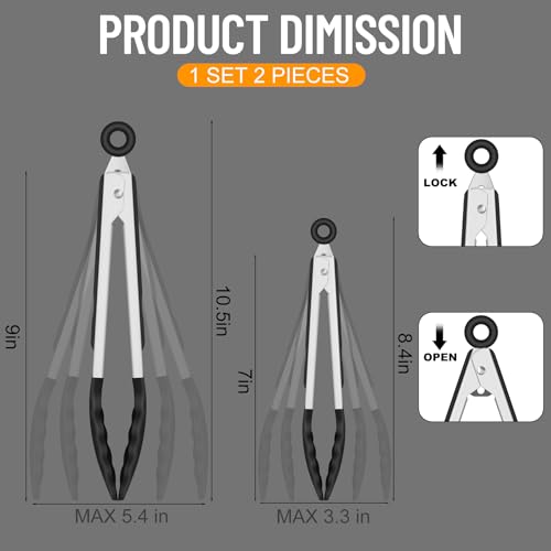 HOTEC Stainless Steel Kitchen Tongs with Silicone Tips, Set of 2-7" and 9" - color: Black:9+7inch