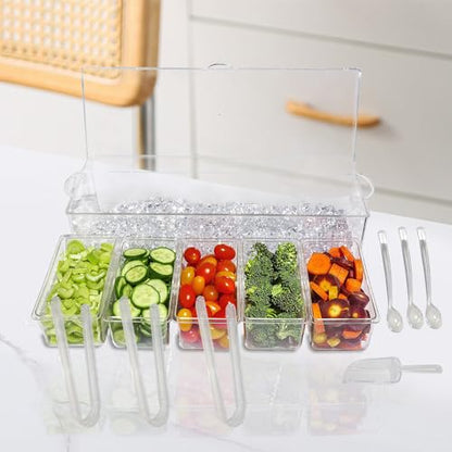 Chilled Condiment Server with 5 Containers & Lids,Ice Tray for Bar & Party