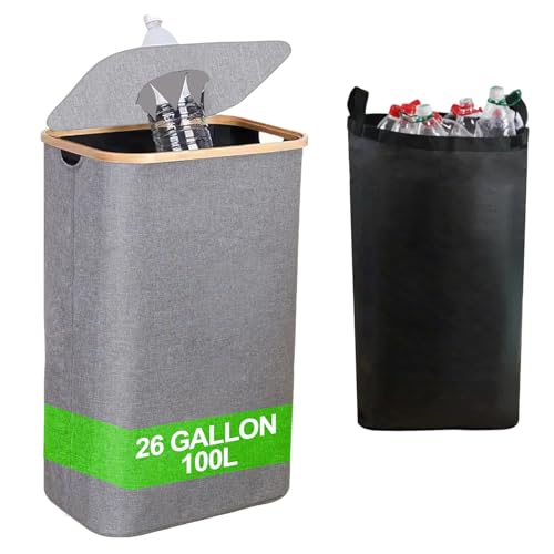 26 Gallon/100L Kitchen Recycling Bin with Lid & 1 Reusable Inner Bags - Ideal for Bottles, Cans, Glass, Waste (Grey) - color: Grey