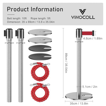 2Pack Stanchions with Retractable Belt and 2Pcs Hemp Rope (Silver) - color: Silver