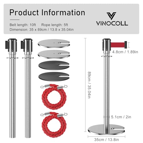 2Pack Stanchions with Retractable Belt and 2Pcs Hemp Rope (Silver) - color: Silver