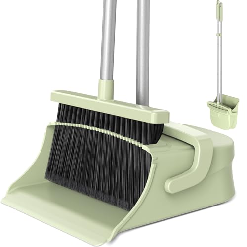 Broom with Dustpan Set for Pet Hair & Dust Cleanup, Green - color: Green
