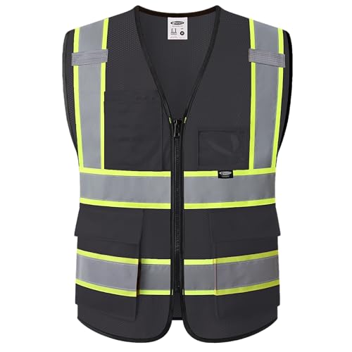 JKSafety Safety Vest for men women Hi Vis Vest with Pockets and Zipper High Visibility Reflective Vests BX320 - color: Black, size: Small