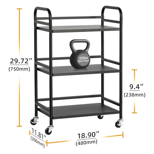 HDANI 3 Tier Rolling Cart Shelves,Heavy Duty Multifunctional Metal Frame-Supports 22 Lbs Per Tier,Rolling Cart with 2 Lockable Wheels for Home,Office,Kitchen,Bathroom,Bedroom,Black - color: Black, size: Small Solid