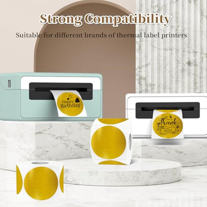 2 Inch Holographic Thermal Labels,Gold Round Thermal Printer Labels,Printable Round Thermal Printer Labels Self-Adhesive Direct Thermal Label(300 Labels/Roll Gold) - color: Brushed Gold, size: 2 inch