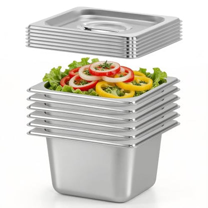 Dyna-Living Hotel Pans with Lid 1/6 Size Pans 4 Inch Deep 6 Pack Food Pans - color: With Lids, size: 4 Inch Deep