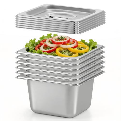 Dyna-Living Hotel Pans with Lid 1/6 Size Pans 4 Inch Deep 6 Pack Food Pans - color: With Lids, size: 4 Inch Deep