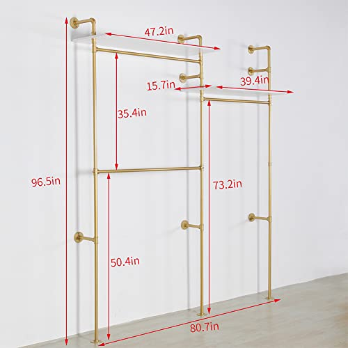Industrial Pipe Clothing Rack Wall Mounted, Heavy Duty Hanging Clothes Rack Clothing Store Display Stands Garment Rack Closet System, 2 Tier Wood Garment Rack (Gold, 96.5x80.7inch) - style: 3-Hanging with shelf Gold