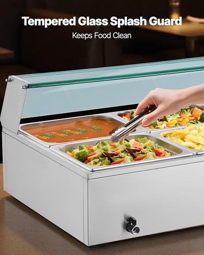 VEVOR Commercial Food Warmer, 1700W Electric Stainless Steel Steam Food Warmer with Glass Cover, 8-Pan Countertop Buffet Bain Marie with Soup & Perforated Ladles, for Catering, Restaurant & Party - size: 8x1/2Pan ;96QT