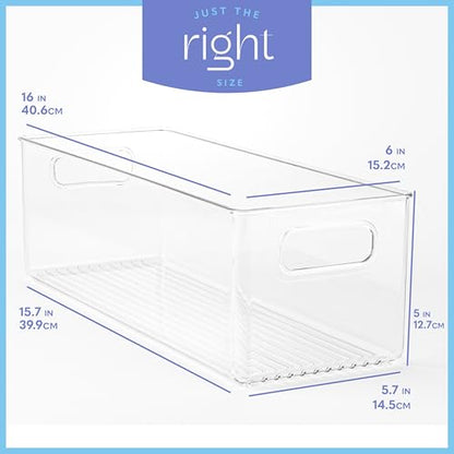 Plastic Food Storage 2 Pack Clear Container Bin with Handles for Organizing Kitchen, Pantry, Refrigerator, Freezer, Pantry, Cabinet, Closet, Bathroom. 16”x6”x5” - size: 16x6x5