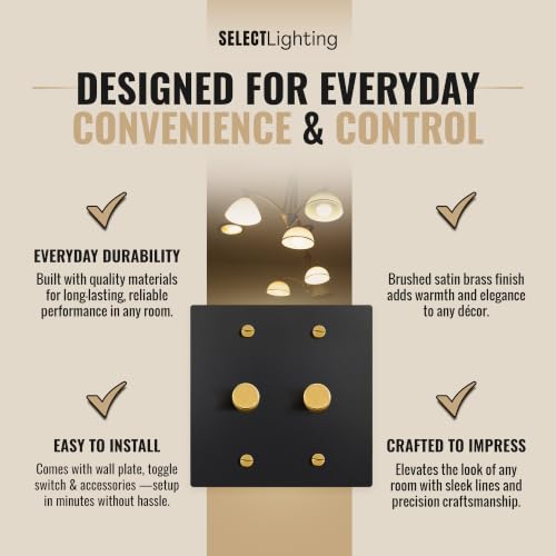 SELECT 2 Gang Solid Brass Rotary Dimmer Switch, 3-Way & 1-Way Compatible - color: Black with Brass, size: 2 Gang, style: 1/3-Way Dimmer