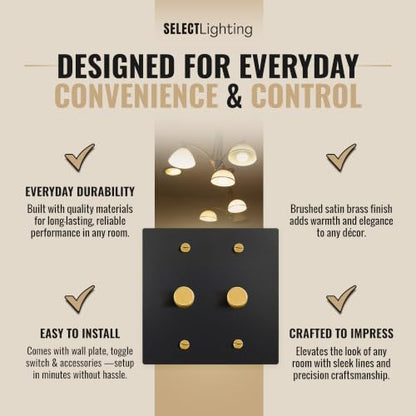 SELECT 2 Gang Solid Brass Rotary Dimmer Switch, 3-Way & 1-Way Compatible - color: Black with Brass, size: 2 Gang, style: 1/3-Way Dimmer