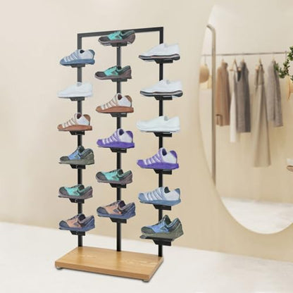 Commercial Clothing Store Shoe Rack Retail Store Shoe Display Shelf Free Standing Shoes Shelf Single Sided Shoes Racks 18 Compartments 24.25lbs Load Capacity (31.5 * 59.06in, Black, Wood) - color: Black, Wood