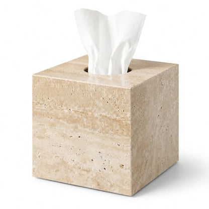 Natural Travertine Marble Tissue Box Holder Cover, Square Cube Tissue Box Holder with Open Bottom for Bathroom Vanity Tops, Bedroom Dressers, Kitchen Countertop, Travertine Beige(NS022) - color: Beige