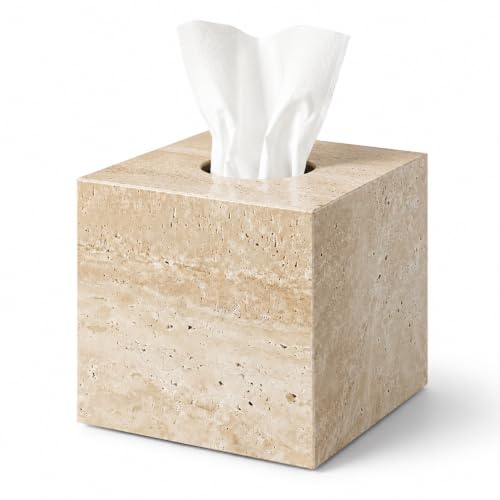 Natural Travertine Marble Tissue Box Holder Cover, Square Cube Tissue Box Holder with Open Bottom for Bathroom Vanity Tops, Bedroom Dressers, Kitchen Countertop, Travertine Beige(NS022) - color: Beige