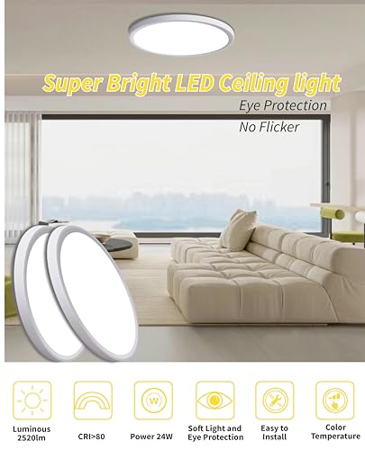 Led Flush Mount Ceiling Light,Round 12 Inch 24w 2520lm 3000k,4000k,6000k CCT Selectable,Flat Panel Super Slim Led Ceiling Light Fixture,for Living Dining Kitchen Bedroom Room (12Pack-White) - color: White, size: Standard-12Inch-12Pack