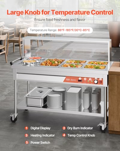VEVOR Commercial Food Warmer, 5 Pans + 2 Pots Electric Steam Table, 1800W Professional Buffet Catering Food Warmer with Shield Undershelf Wheels, Stainless Steel Server for Party Restaurant Hotel - size: 5 Pans + 2 Pots