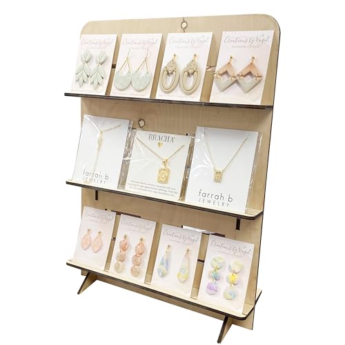 TORCHED DISPLAYS Jewelry Holder Necklace Organizer – Earring Display Stands for Selling – 3-Tiered Natural Wood Jewelry Holder Stand for Shops, Boutiques, Festivals - Display Rack Wood Stand - color: Natural