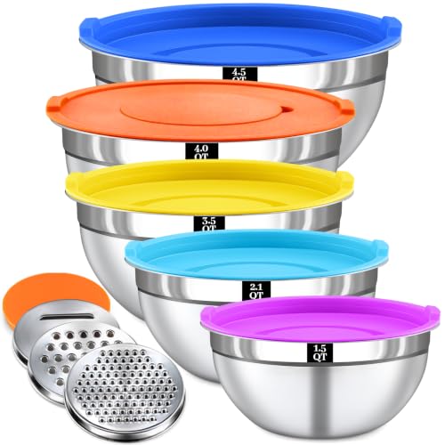 8-Piece Colorful Stainless Steel Mixing Bowl Set with Lids, Includes 5 Nesting Bowls and 3 Grater Attachments for Mixing and Serving, 1.5/2.1/3.5/4/4.5 QT - color: 8PCS Rainbow-color Mixing Bowls Set