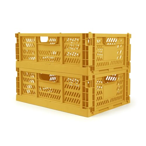 2 Pack Stackable Storage Crates, Plastic Foldable Baskets Large Golden - color: Golden Yellow, size: Large: 15.7" x 11.8" x 5.9"