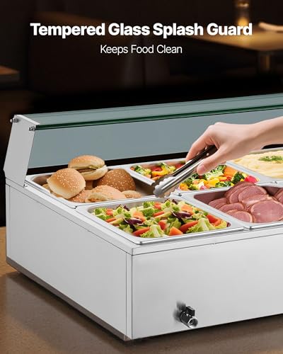 VEVOR Commercial Food Warmer, 1700W Electric Stainless Steel Steam Food Warmer with Glass Cover, 10-Pan Countertop Buffet Bain Marie with Soup & Perforated Ladles, for Catering, Restaurant & Party - size: 10x1/2Pan;120QT