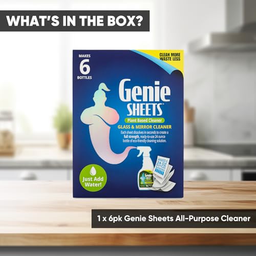 Genie Sheets Glass & Mirror Cleaner | Concentrate Makes 6 24oz Refills | Professional-Strength | Just Add Water | Sustainable Eco-Friendly Plant-Based Solution | 6 Sheets - size: 1 Count (Pack of 1), style: Glass Cleaner