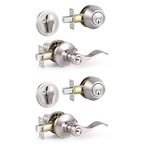 Knobonly 2 Sets of Front Exterior Door Knob Set with Single Cylinder Deadbolts in Satin Nickel Finish, All Keyed Same Combo Pack, Wave Style Entry Door Lever Locks with Combinations - color: Satin Nickel, size: 2 Pack, style: Single Cylinder
