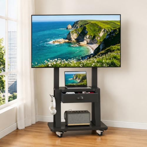 Mobile TV Stand with Storage Drawer for 23-75 Inch TVs up to 120lbs, Heavy Duty Rolling TV Cart with 2-Tier Shelves, Adjustable Height Outdoor TV Stand on Wheels, Max VESA 600x400mm, Black - color: Black