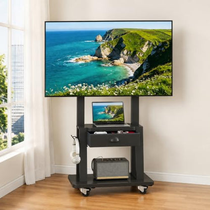 Mobile TV Stand with Storage Drawer for 23-75 Inch TVs up to 120lbs, Heavy Duty Rolling TV Cart with 2-Tier Shelves, Adjustable Height Outdoor TV Stand on Wheels, Max VESA 600x400mm, Black - color: Black