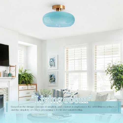Lighting Mid Century Glass Flush Mount Ceiling Light Nordic Round Semi Flush Mount Ceiling Light Fixtures wtih Blue Dome Glass Shade Bathroom Overhead Lights Hallway Lights Fixture - color: Flush-Blue 2