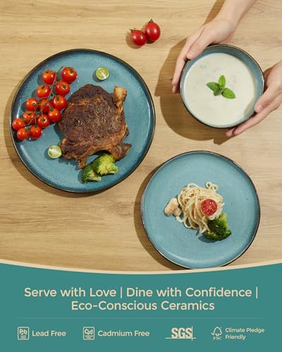 Pokini Stoneware Dinnerware Sets for 6, 18Pcs Ceramic Plates and Bowls Sets - color: Green Black, size: Set (18pcs)
