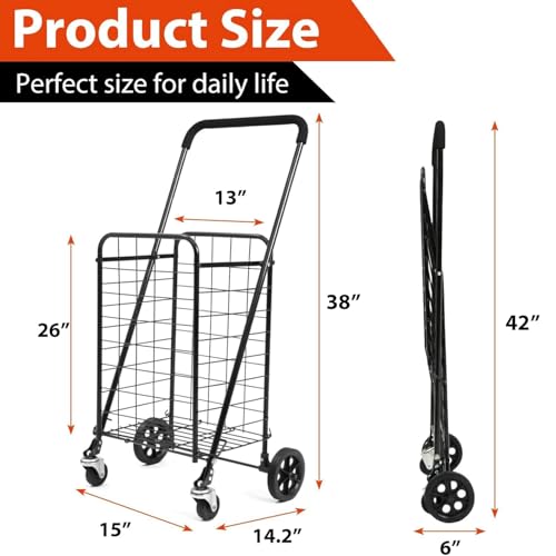 Siffler Grocery Shopping Cart with 360° Swivel Wheels Folding Utility Cart with Easily Collapsible Cart with Extended Foam Cover, Trolley for Laundry, Groceries, Travel (Black, Small) - size: Standard Small+No Bag