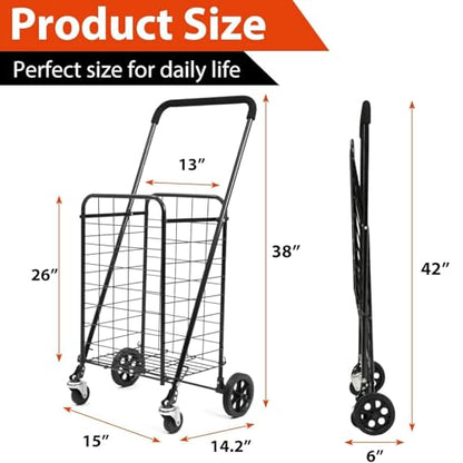 Siffler Grocery Shopping Cart with 360° Swivel Wheels Folding Utility Cart with Easily Collapsible Cart with Extended Foam Cover, Trolley for Laundry, Groceries, Travel (Black, Small) - size: Standard Small+No Bag