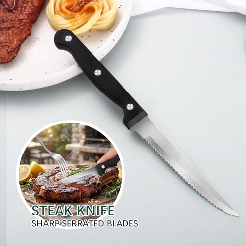 24-Piece Silver Silverware Set with Steak Knives Stainless Steel Flatware Set for 4 Food Grade Tableware Cutlery Set Rust-proof, Mirror Polished, Dishwasher Safe - size: 24Pcs-B
