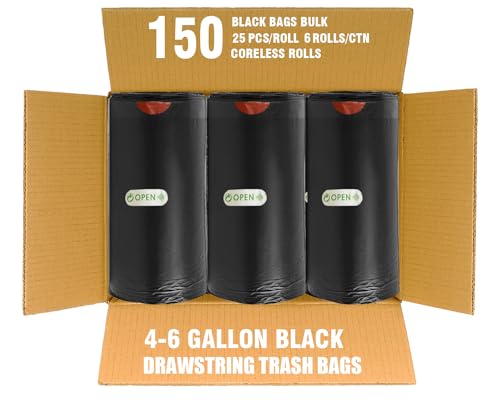 BEIDOU-PAC 4-6 Gallon Trash Bags Drawstring, 150 Count Bulk Value Pack, Black & Unscented Multi-purpose Garbage Bags for Business Home Bathroom Kitchen Commercial and Industrial - style: 4-6 Gallon |150 Count(Value Pack)
