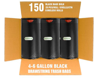 BEIDOU-PAC 4-6 Gallon Trash Bags Drawstring, 150 Count Bulk Value Pack, Black & Unscented Multi-purpose Garbage Bags for Business Home Bathroom Kitchen Commercial and Industrial - style: 4-6 Gallon |150 Count(Value Pack)