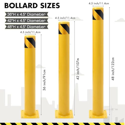 Heavy Duty Steel Safety Bollard Posts - 42" x 4.5" Yellow Impact-Resistant Barriers for Parking & Facility Security - Robust Stream Control Solution, Pack of 6 - with 24 Anchor Bolts - size: 42 inch-6pack