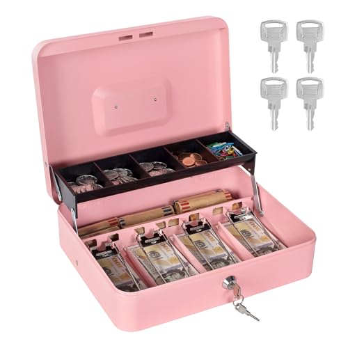 Cash Box with Money Tray and Lock, Metal Money Box for Cash Register 4 Keys - color: Pink