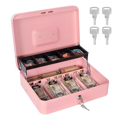 Cash Box with Money Tray and Lock, Metal Money Box for Cash Register 4 Keys - color: Pink