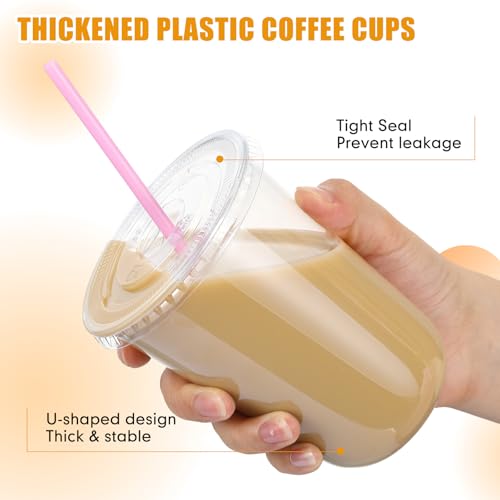 Ziliny 50 Pack 16 oz Plastic Cups with Lids Straws Iced Coffee, Pink - color: Pink, size: 16 oz