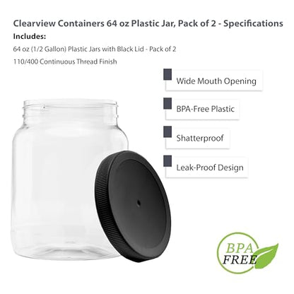 2 Pack - 64 oz (Half Gallon) Plastic Storage Jars with 110-400 Leak Proof Black Lid, Food Grade, BPA Free, Hand Wash Only (64oz, 2pk, BLK) - size: 2pk - 64oz, Black