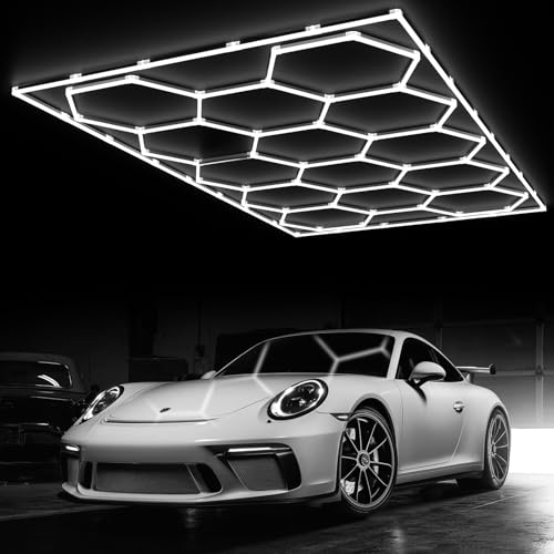 Hexagon Garage Lights, 14 Grids LED Garage Hexagon Lights with Rectangle Frame, 6500K Super Bright Honeycomb Lights for Garage, Warehouse, Car Detailing Shop, Exhibition Hall, Gym - size: 14 Hex+Border