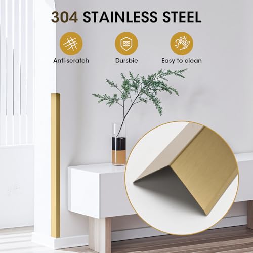 Stainless Steel Wall Corner Guards, 2 x 2 x 48 inches (Golden 10 Pcs Pack). Made of 304 Steel, These 90-Degree Angle Metal Corner Protectors are Designed for Wall Protection and Decoration - color: Golden, size: 2x2x48 Inches