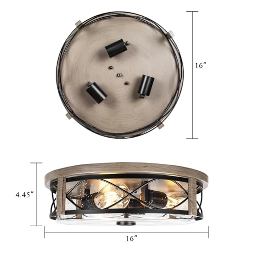 16 Inch Farmhouse Flush Mount Ceiling Light With Seeded Glass, 3-Light Wood Grain Round Lamp, Modern Large Indoor Outdoor Lighting for Kitchen Bedroom Living Dining Room - color: ROS578L BK