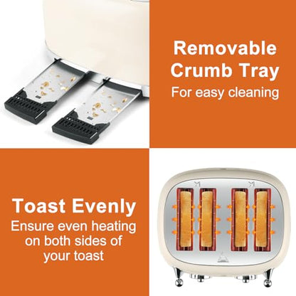 CUSIMAX Toaster 4 Slice, Retro Toaster with Wide Slots for Bagels, Cream - color: Cream