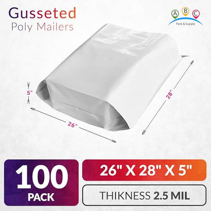 ABC PACK & SUPPLY Gusseted Poly Mailers, 26 x 28 x 5 Inch, 2.5 Mil White Shipping Bags for Clothing, Self Seal Plastic Mailing Envelopes, Pack of 100 - size: 26" x 28" x 5" / 100 Pack