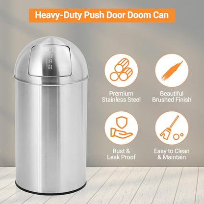 Heay Duty Stainless Steel Tall Trash Can with Push Lid – Commercial Outdoor Garbage Bin – Fingerprint-Proof, Removable Inner Metal Bucket – Ideal for Public Spaces – 18.5 Gallon (70L) – - size: Large
