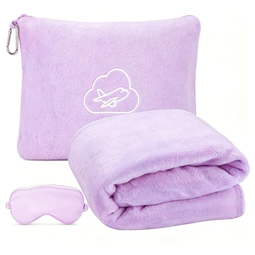 Travel Blanket Pillow,Airplane Blanket Compact with Bag Eye Mask, Ultra-Soft,Warm & Lightweight Included,Travel Essentials for Women & Men, Luggage Sleeve & Backpack Clip 65x40 in,Purple - color: Purple