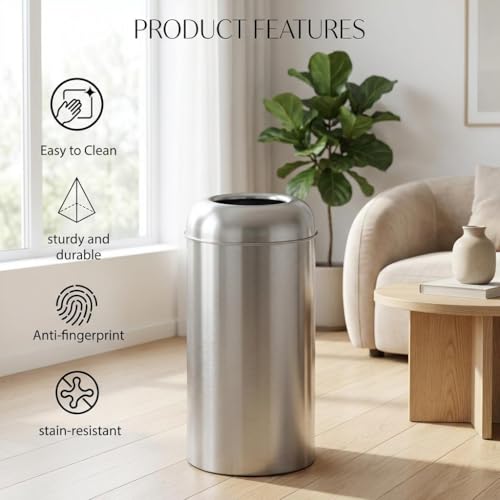 IDEALHOUSE Commercial Trash Can, Commercial Dome Lid Kitchen Trash can Round, Open Top Drop-in Trash can Kitchen Fast Disposal, Smudge Resistant Stainless Garbage can Easy Wipe, Silver TC03
